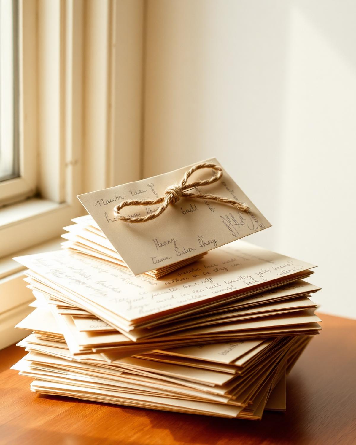 Una pila de cartas escritas a mano atadas con un cordel